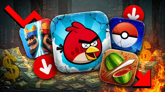 Cracked mobile game icons falling into piles of money