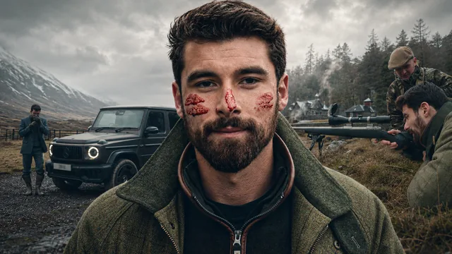 Injured man in the wilderness with hunters behind him