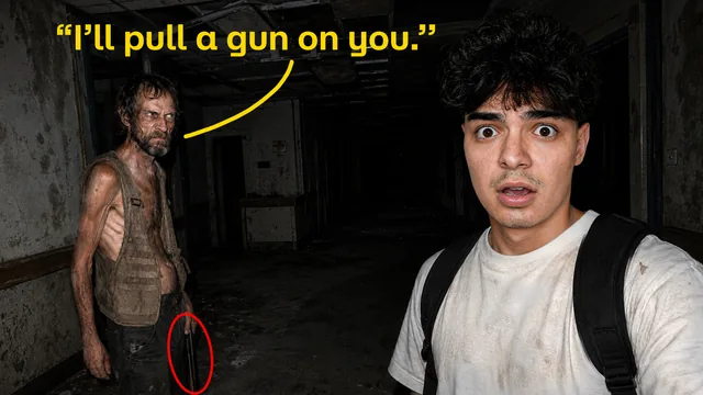 Threatening man in a dark building next to a frightened creator